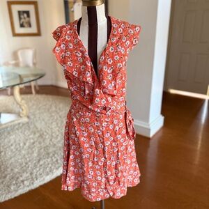 SANCTUARY Orange Side Tie Cap Sleeve V Neck Above The Knee Wrap Dress Medium NWT